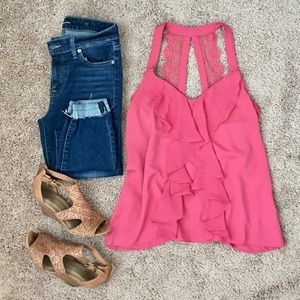 Pink Ruffle Lace Tank Top